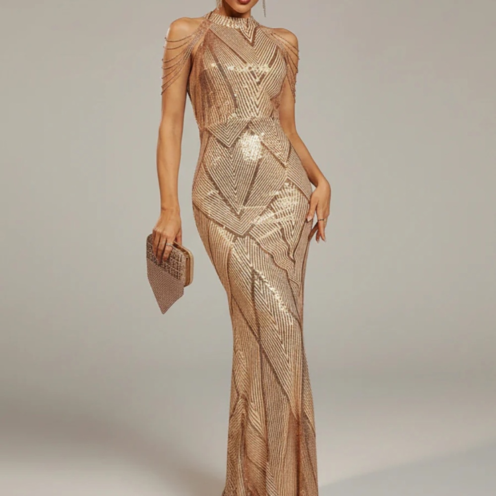 Missord - Cold Shoulder Beads Chain Cocktail Dress M01081